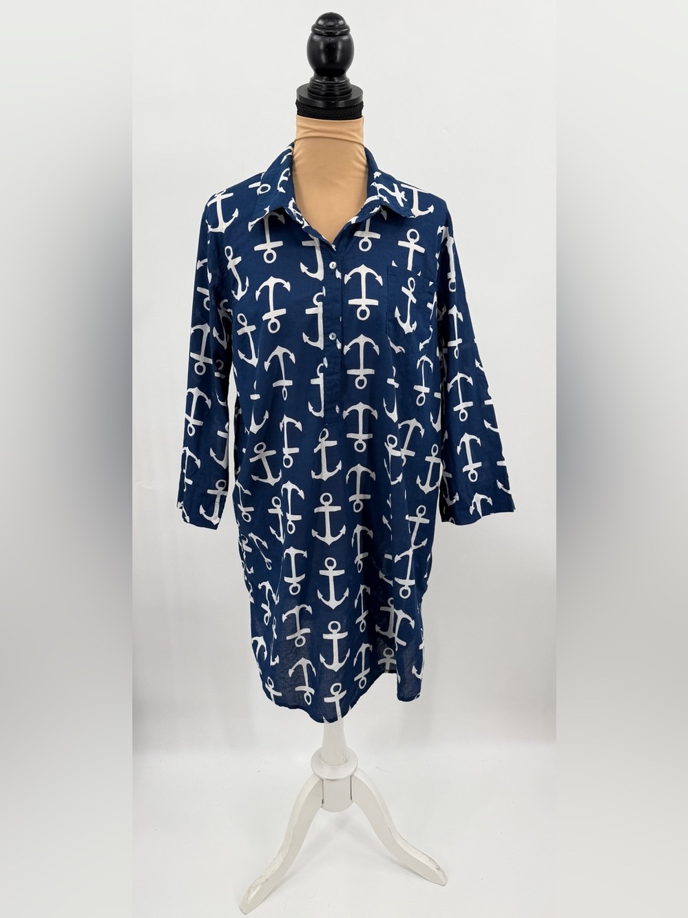 Anchor Print Sheer Cotton Beach Cover Up Tunic Shirt Dress L coastal nautical